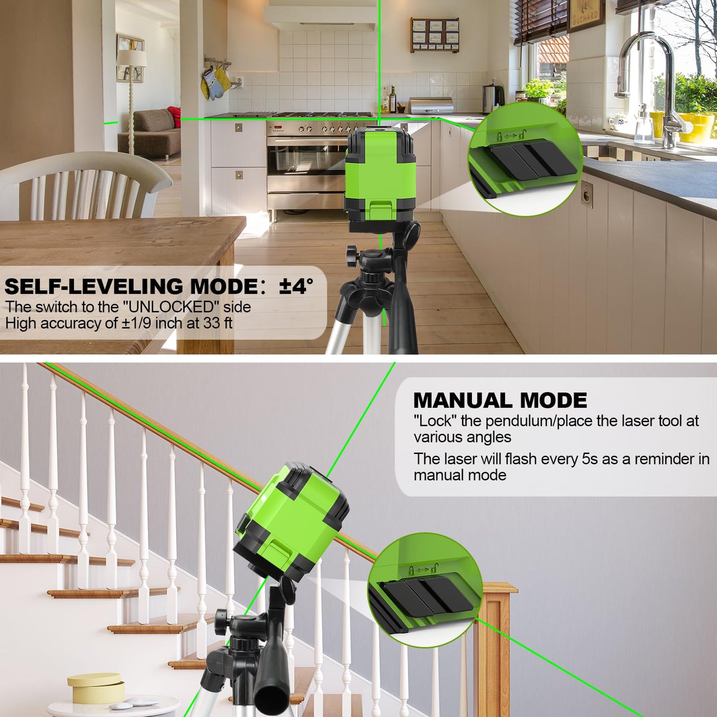 ZUNE-LOTOO Self-Leveling Green Laser Level with Tripod (25.6" Adjustable)