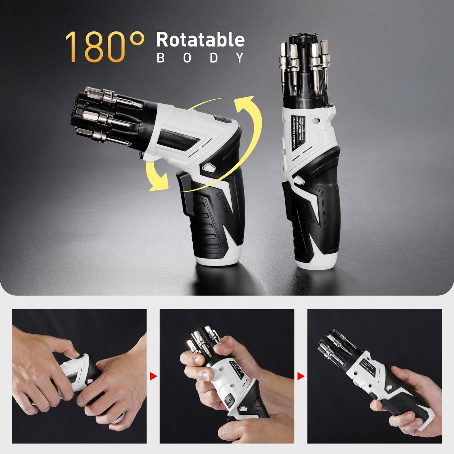 Mini Cordless Electric Screwdriver 3.6V – Rechargeable, 180° Pivot Handle, LED Light, 25-Piece Bit Set